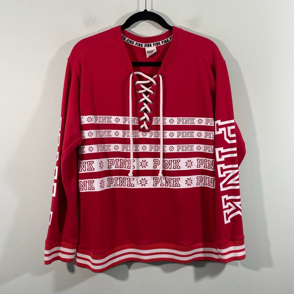 Victoria's Secret Pink Women Red Lace Up Hockey Sweatshirt Size S